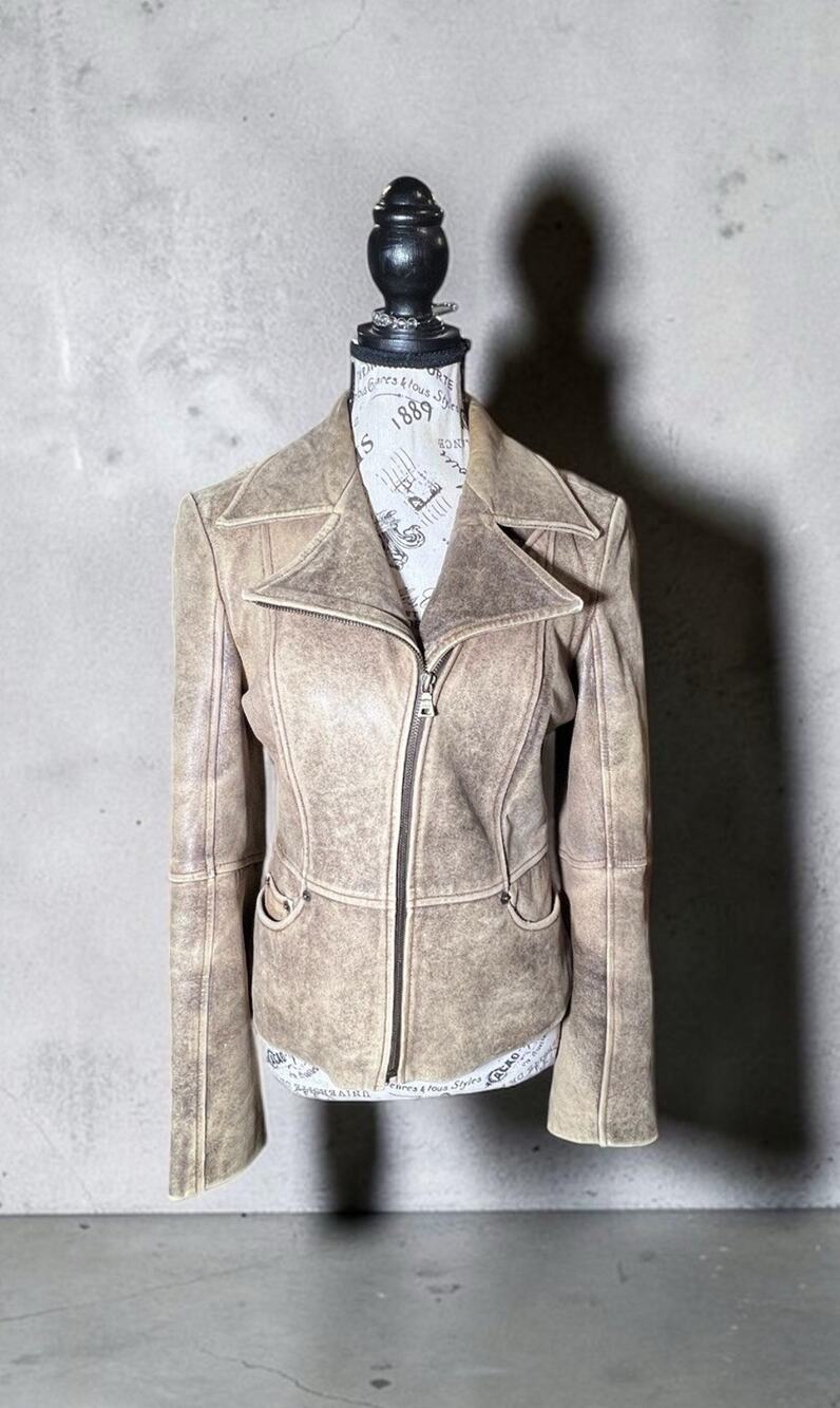 VTG Guess Tan Distressed Genuine Leather Moto Jacket Womens Small Y2K